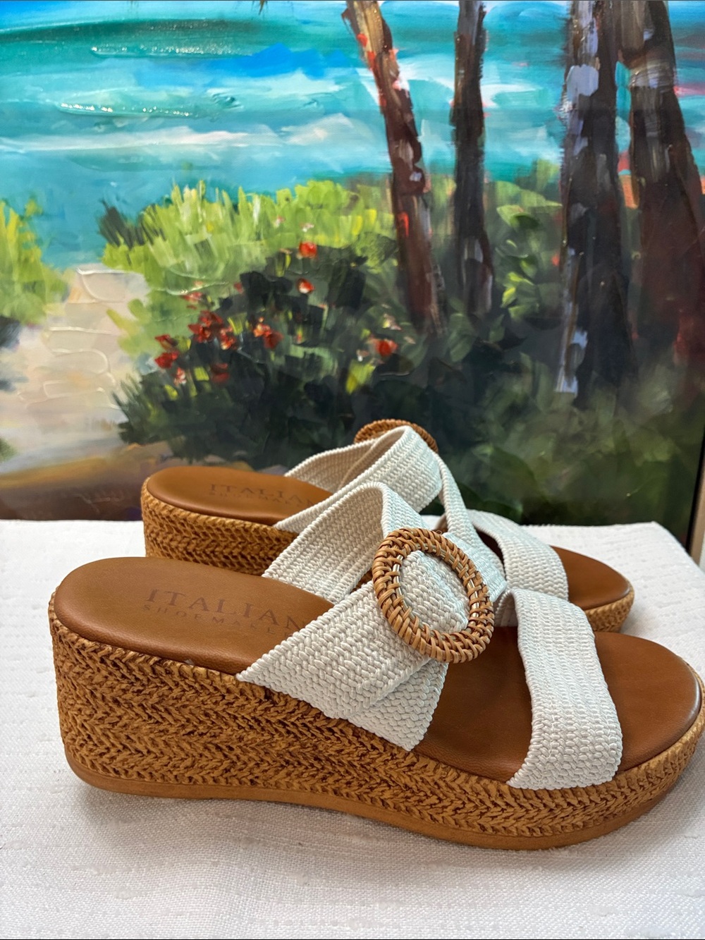 Italian Shoemakers Woven White Slide Wedge Sandals with Natural Raffia Accents - Picture 2 of 6